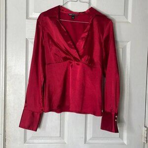 I.n. Studio silky red satin like v neck long sleeve blouse top shirt buttons